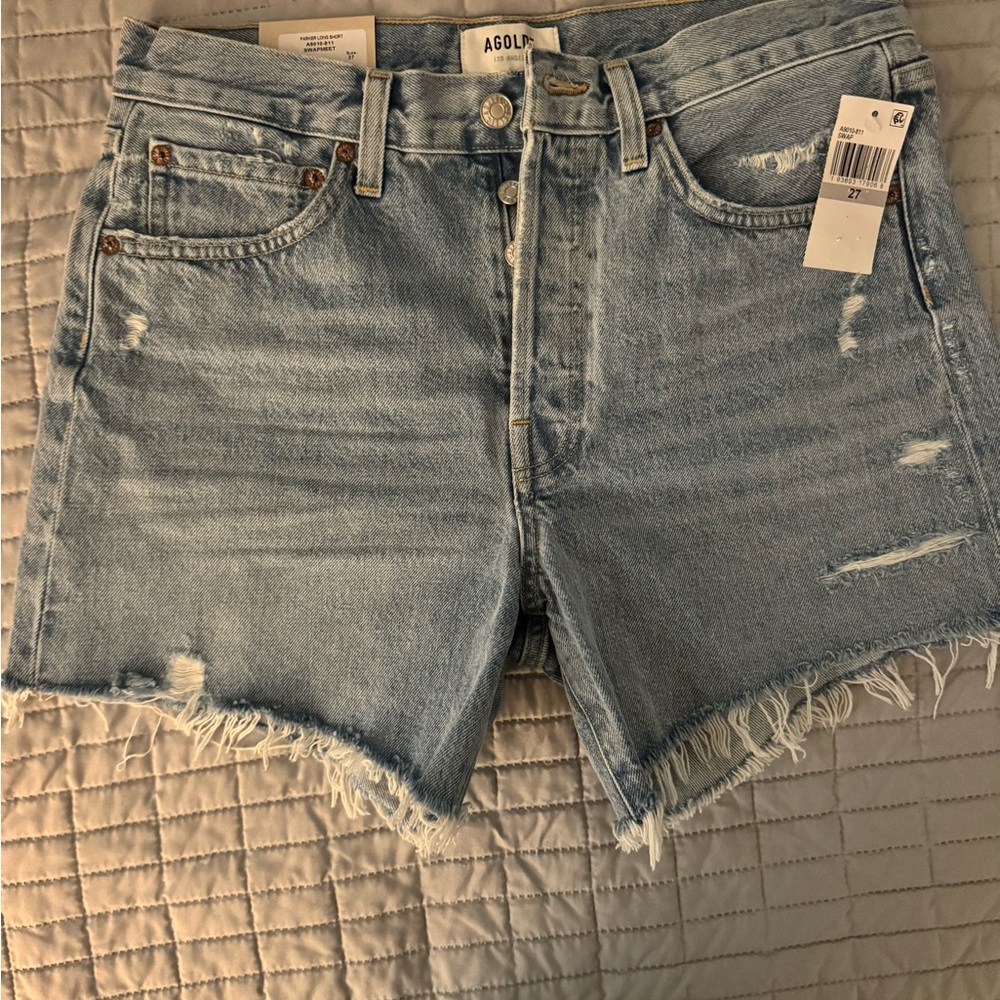 Agolde Blue Jean Shorts with Raw Hem and Distressed Details